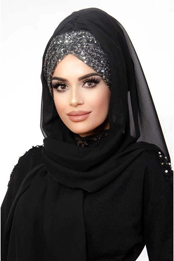 Siyah Büzgülü Hazır Abiye Şal - 60400