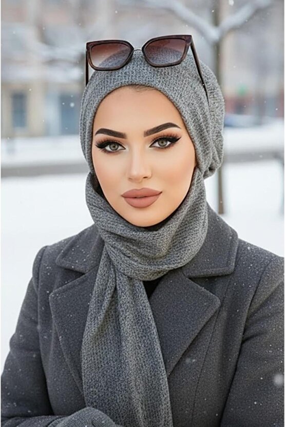 Gri Fitilli İnce Triko Tesettür Bere