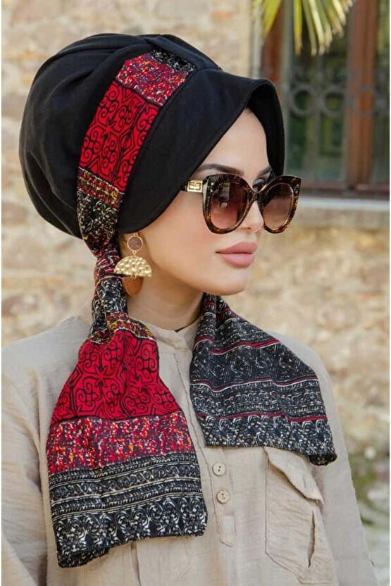 Siyah Bordo Etnik Desen Şapkalı Bone