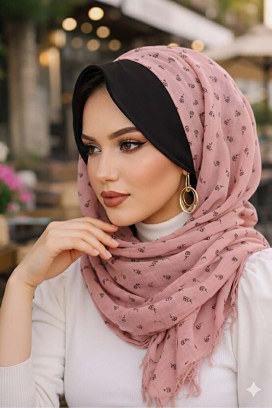 Pudra Siyah Baskılı Şapka Şal