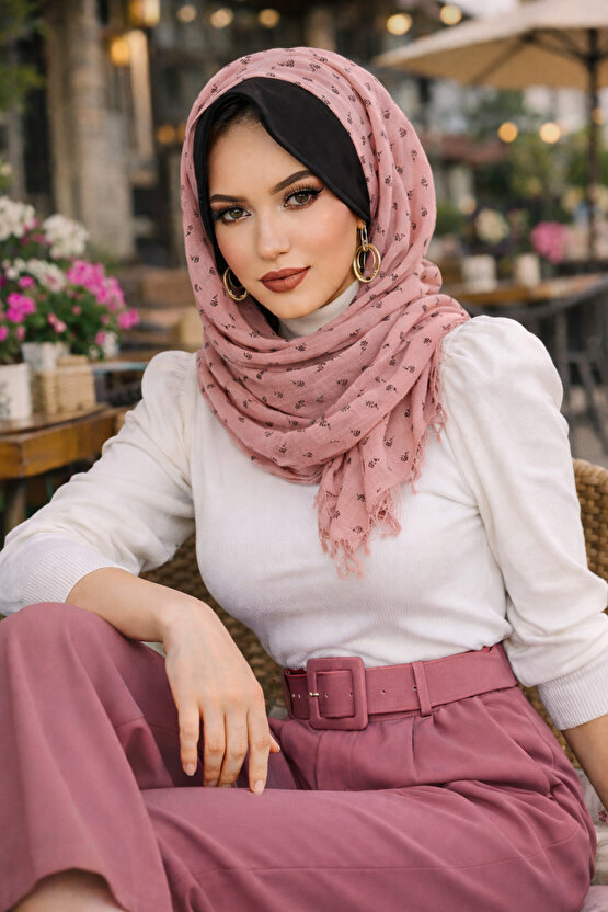 Pudra Siyah Baskılı Şapka Şal