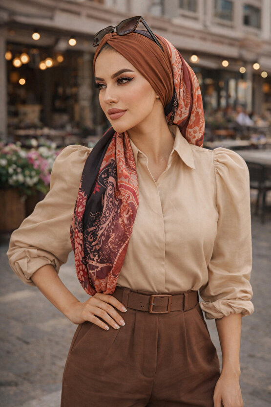 Kahve Desenli Dijital Baskı Hazır Şal