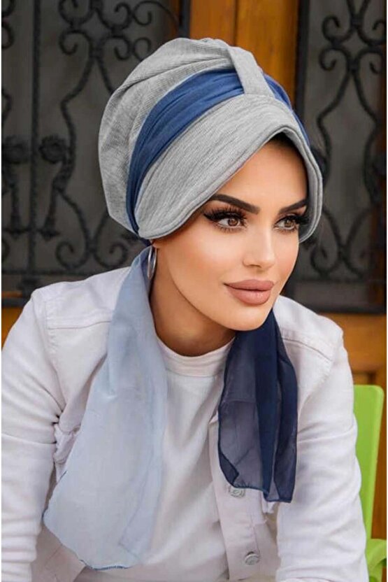 Gri Lacivert Batik Desen Batik Şapkalı Bone