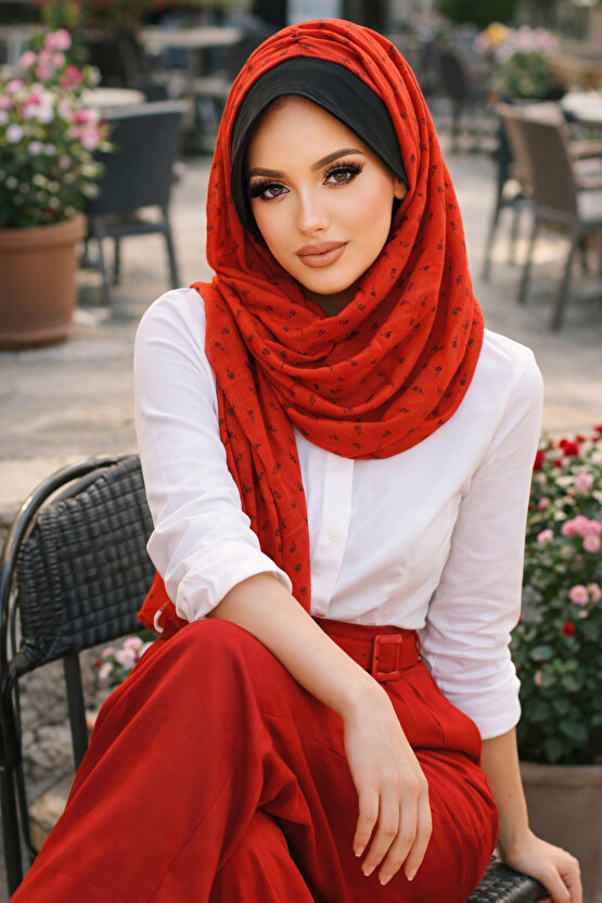 Taba Çiçek Baskılı Şapkalı Şal