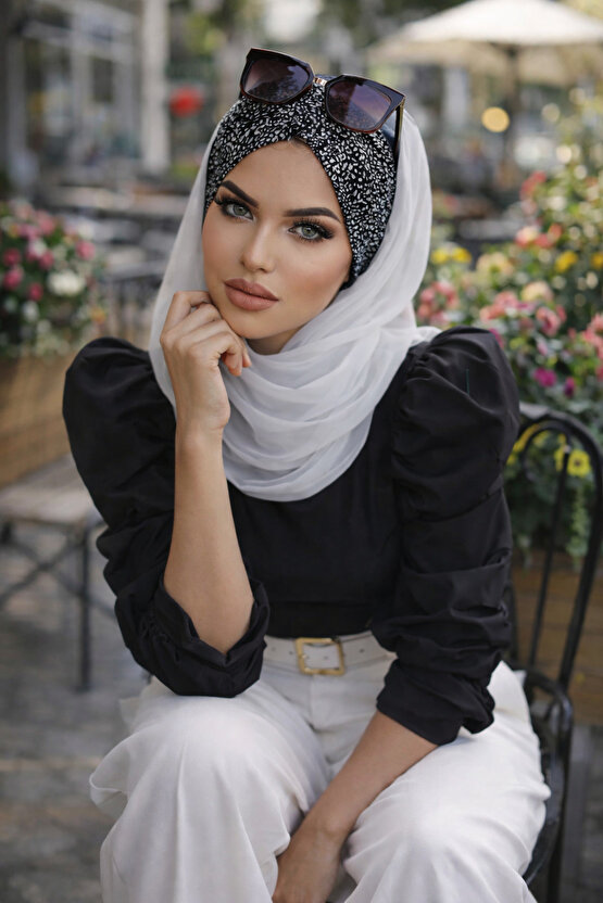 Beyaz Siyah Puanlı Büzgülü Hazır Şal