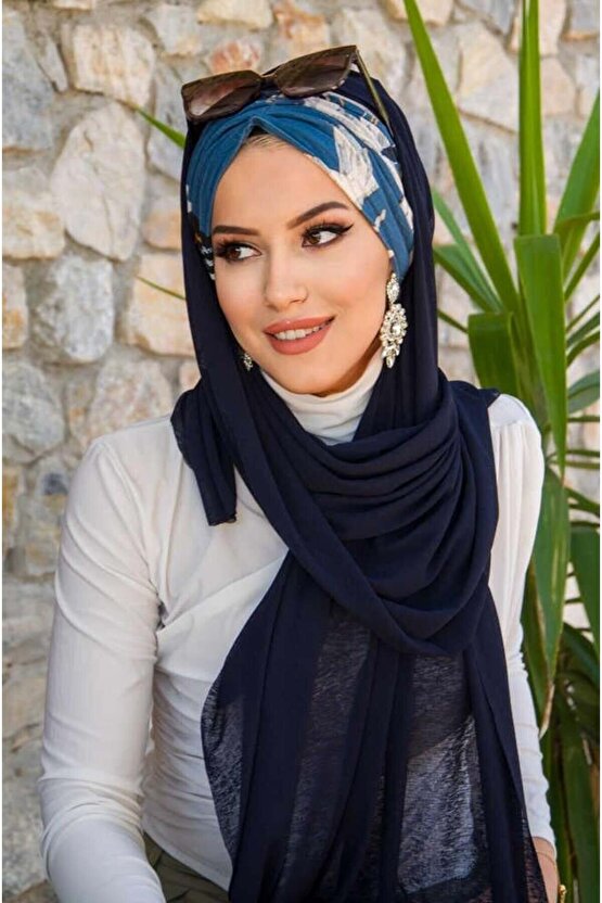 Lacivert Desenli Büzgülü Hazır Şal