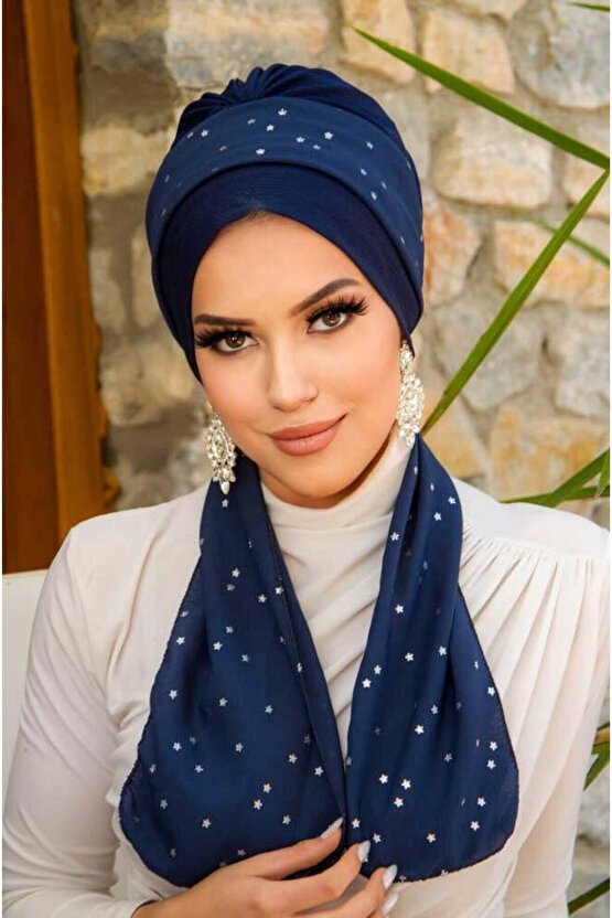 Lacivert Yıldız Fularlı Bone-40602