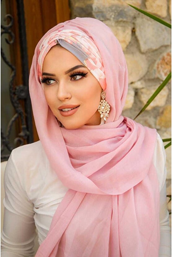 Pudra Somon Çiçek Desen Hazır Şal