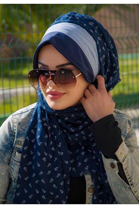 Lacivert Bantlı Dantelli Şapka Şal