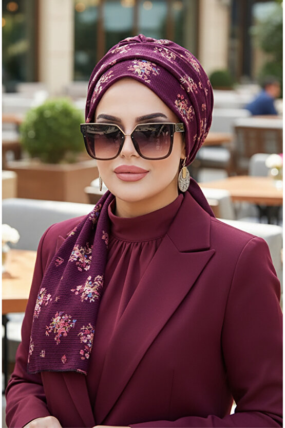 Mürdüm Buket Desenli Atkılı Bone