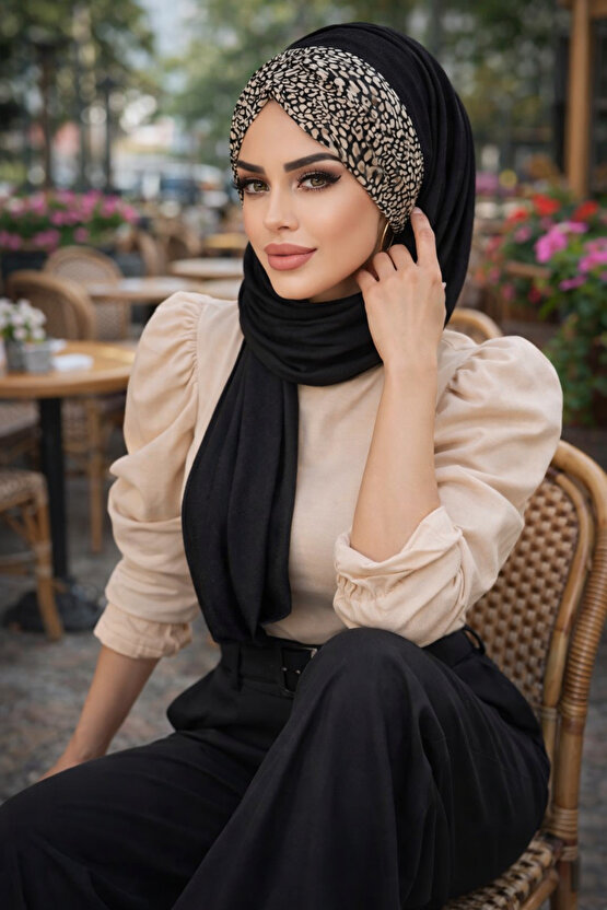 Siyah Kemik Feminen Desenli Hazır Şal
