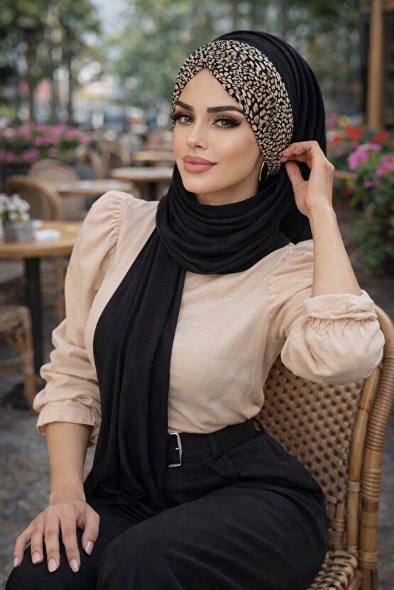 Siyah Kemik Feminen Desenli Hazır Şal