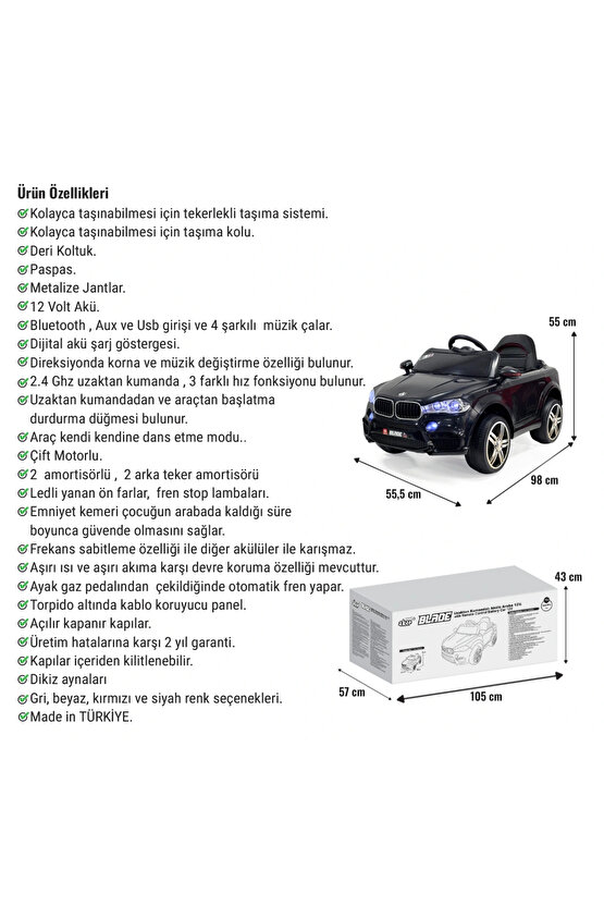 Blade GT Siyah Uzaktan Kumandalı 4X2 12 Volt Akülü Araba - RC BMW Akülü Araba