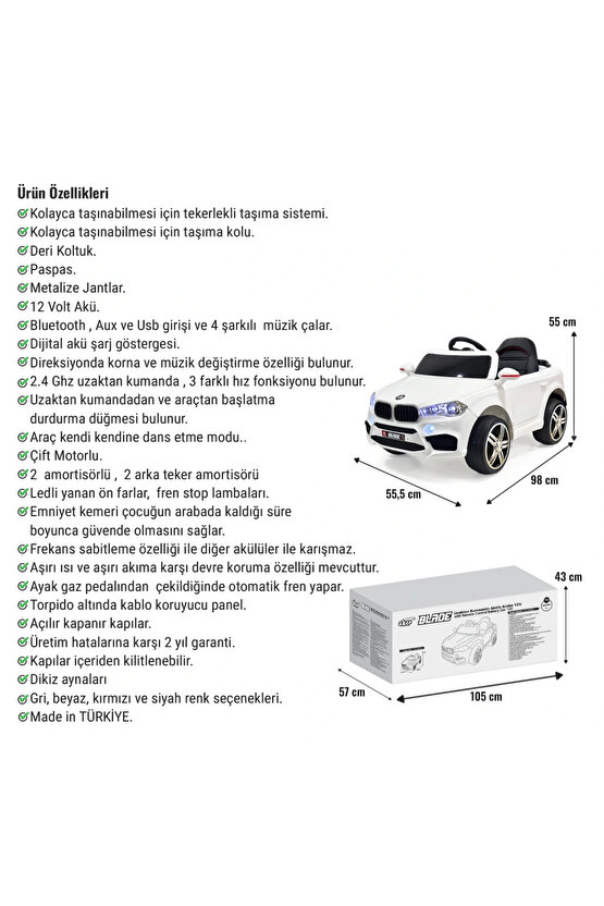 Blade GT Beyaz Uzaktan Kumandalı 4X2 12 Volt Akülü Araba - RC BMW Akülü Araba