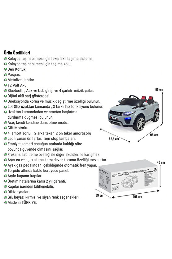 Raptor GT Gri Uzaktan Kumandalı 4X2 12 Volt Akülü Araba - RC Land Rover Akülü Araba Range Rover