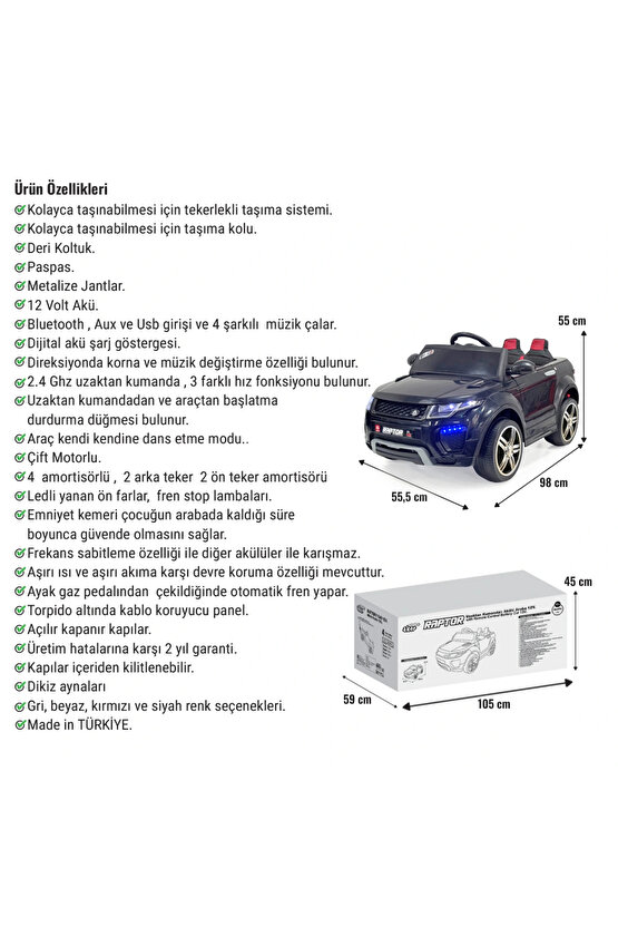 Raptor GT Siyah Uzaktan Kumandalı 4X2 12 Volt Akülü Araba - RC Land Rover Akülü Araba Range Rover