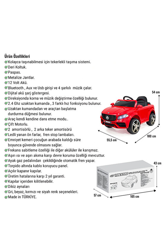 Maestro GT Kırmızı Uzaktan Kumandalı 4X2 12 Volt Akülü Araba - RC Mercedes Akülü Araba