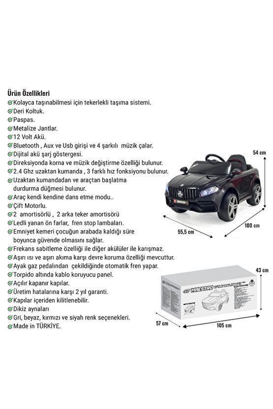 Maestro GT Siyah Uzaktan Kumandalı 4X2 12 Volt Akülü Araba - RC Mercedes Akülü Araba
