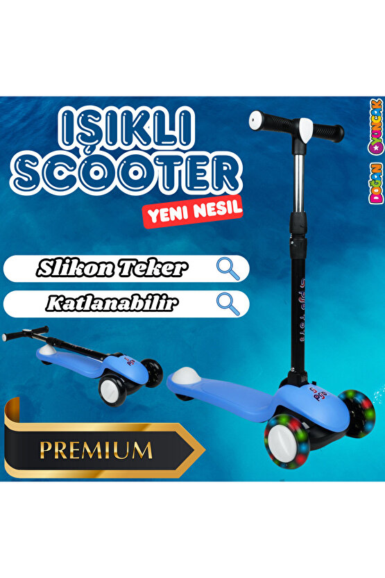Lupa Katlanabilir Işıklı 3 Tekerlekli Mavi Scooter - Işıklı Scooter - Slikon Teker Scooter - Çocuk S
