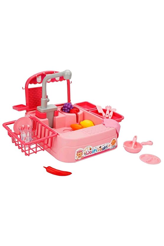 Pembe Su Akıtan Mutfak Lavabosu Seti - Çeşmeli Sesli Lavabo - Mutfak Seti - Su Akan Musluk - Akan Mu