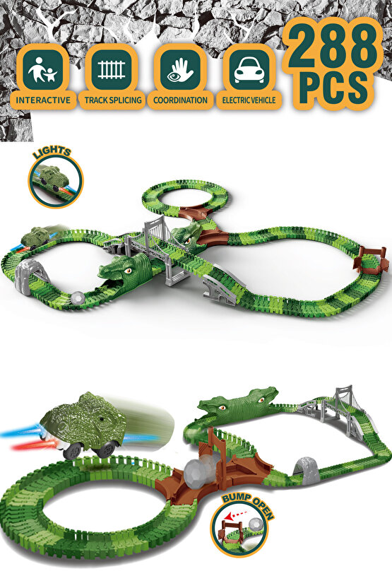 Dinosaur Tracks 288 Parça Dinozor Temalı Hareketli Raylar Full Set Dinozor Arabalı