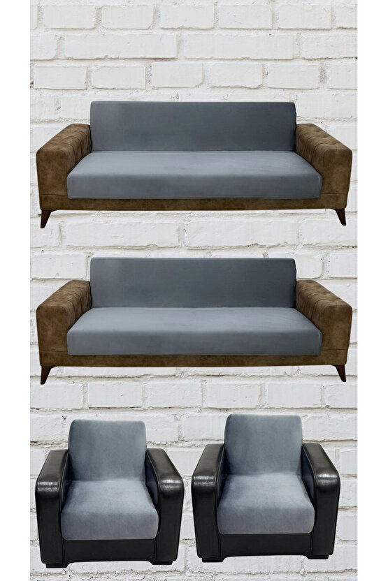 3+3+1+1 İtalyan Süet Kolsuz Koltuk Örtüsü (KOYU GRİ RENK)