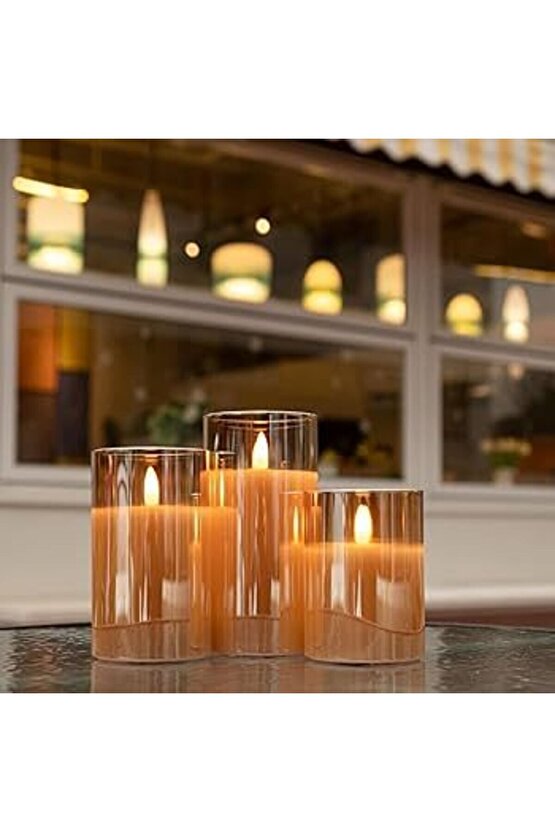 3D Mum Efektli 3lü Mum Set, Pilli Dekoratif Mum Efektli Şamdan, Masa, Gece Lambası 3lü Mum Set