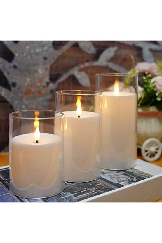 3D Mum Efektli 3lü Mum Set, Pilli Dekoratif Mum Efektli Şamdan, Masa, Gece Lambası 3lü Mum Set
