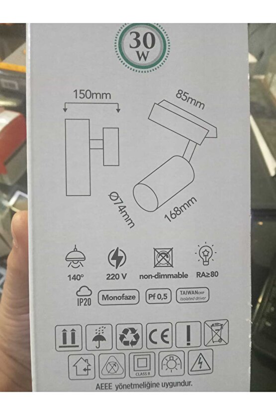 Alüminyum Gövde 30 Watt 3000 Kelvin Gün Işığı Ledli Çok Kaliteli Ray Spot , Led Armatür (Ray Hariç)