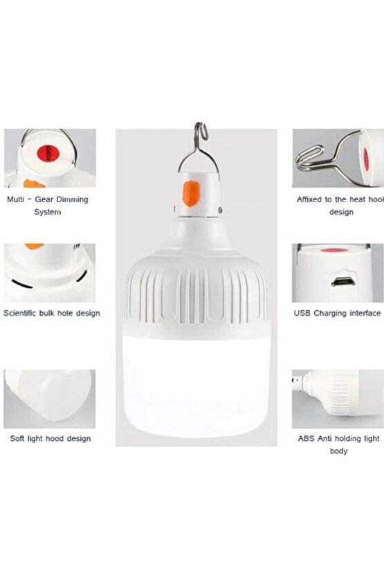 3 Adet Adet USB Şarjlı, 30 Watt, 3 Işık Modlu Beyaz Işık, Kamp, Piknik, Bekçi, Balıkçı, Çadır Ampulü