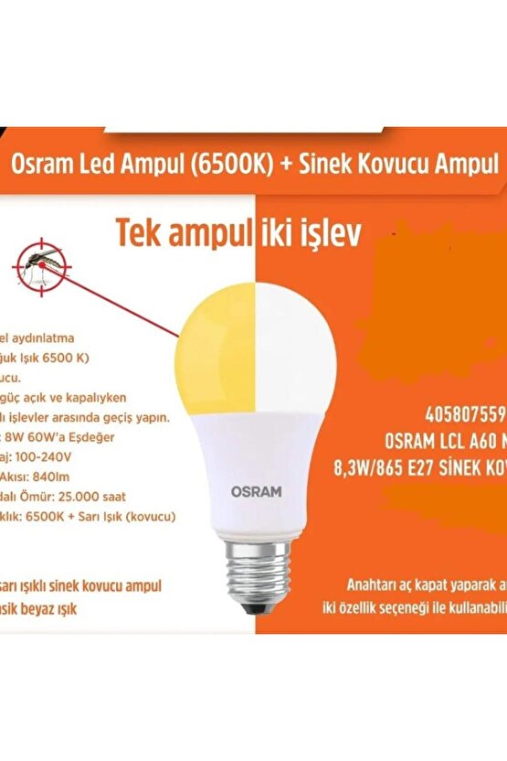 Sivri ve Kara Sinek Kovucu, Çok Kaliteli 8 Watt Led Ampul, İki Fonksiyonlu Sinek Savar Led Ampul