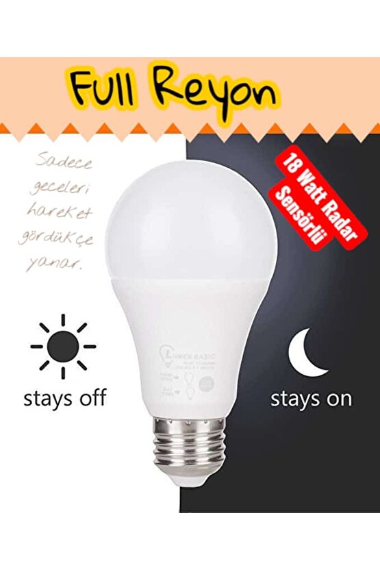 18 Watt Hareket Sensörlü E27 Duy Led Ampul Gece Sensörlü Beyaz IŞIK 18 Watt 1620LM Led Ampul