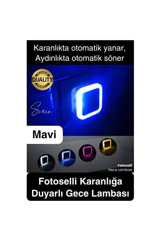 Fotoselli Led Gece Lambası, Mavi Renk Gece Otomatik Yanar, Gündüz Söner 1 Watt Gece Lambası