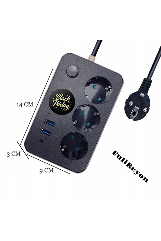 2 Metre Kablolu, Akım, Çocuk, Cihaz Korumalı, 2 USB - A, 1 TYPE-C, 3 Prizli Akıllı Priz Çoklayıcı