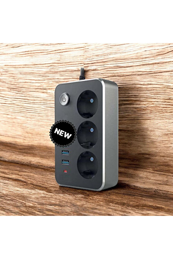 2 Metre Kablolu, Akım, Çocuk, Cihaz Korumalı, 2 USB - A, 1 TYPE-C, 3 Prizli Akıllı Priz Çoklayıcı