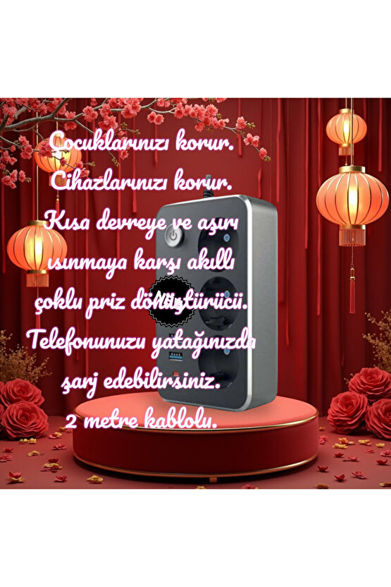 2 Metre Kablolu, Akım, Çocuk, Cihaz Korumalı, 2 USB - A, 1 TYPE-C, 3 Prizli Akıllı Priz Çoklayıcı