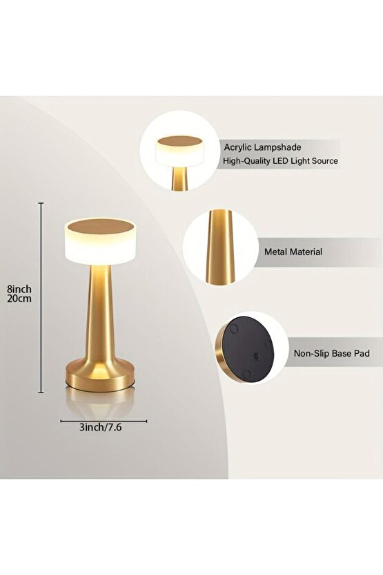 3 Farklı Işık Modlu Metal Şarjlı, Dokunmatik Masa ve Gece Lambası, Cafe, Bar, Restorant Masa Lambası