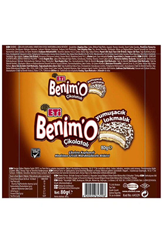 Benimo Çikolata Kaplamalı Hindistan Cevizli Marshmallowlu Bisküvi 80 GR * 18 Adet