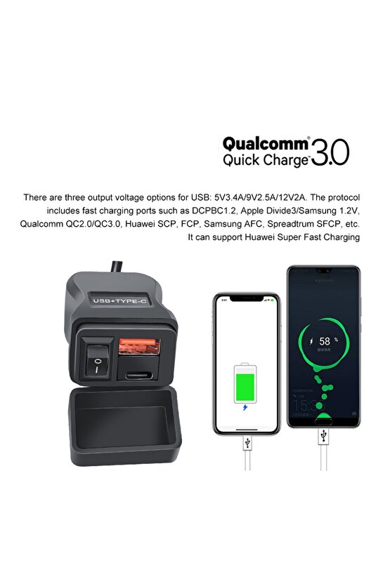 Motosiklet & Elektrikli Bisiklet- Scooter Su Geçirmez Hızlı Şarj Cihazı-USB-Type-C Aç-Kapa Anahtarlı