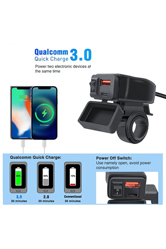 USB 3.0 Hızlı Şarj Portu Motosiklet Scooter Karavan- Tekne Uyumlu Su Geçirmez Akü Koruma Motorsiklet