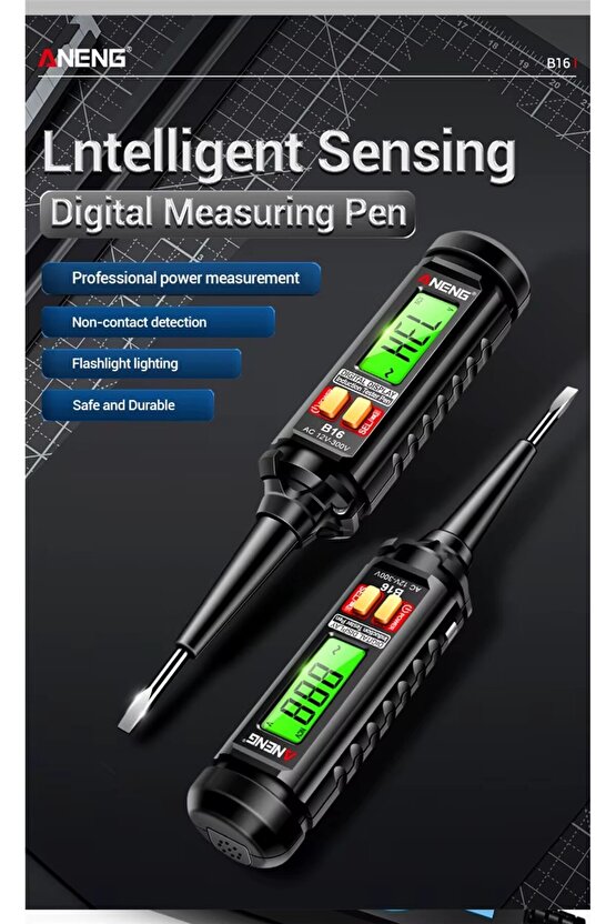 LCD Ekranlı Dijital Kontrol Kalemi ANENG 12V-300V SesliIşıklı Uyarı FazNötr-Kablo Kopukluk Bulucu
