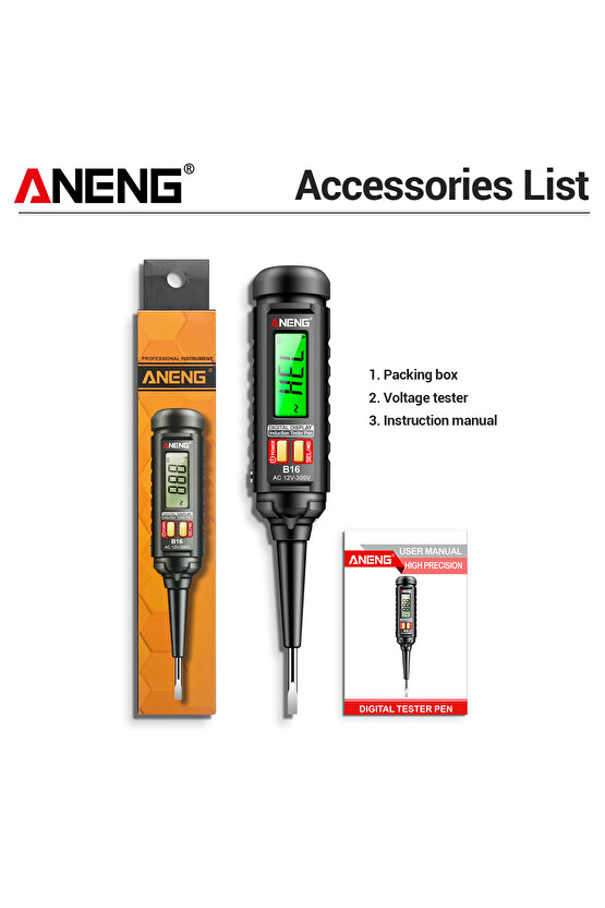 LCD Ekranlı Dijital Kontrol Kalemi ANENG 12V-300V SesliIşıklı Uyarı FazNötr-Kablo Kopukluk Bulucu