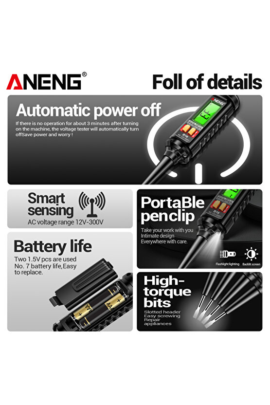 LCD Ekranlı Dijital Kontrol Kalemi ANENG 12V-300V SesliIşıklı Uyarı FazNötr-Kablo Kopukluk Bulucu
