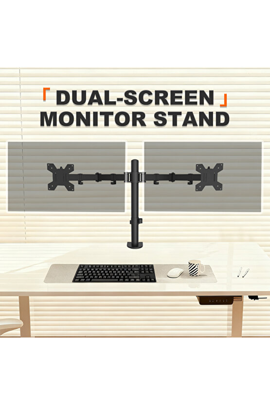 Çift-İki Kollu Monitör Tutucu Çelik Alışımlı Ergo- Yüksekliği Ayarlanabilir Monitör Standı 13-32