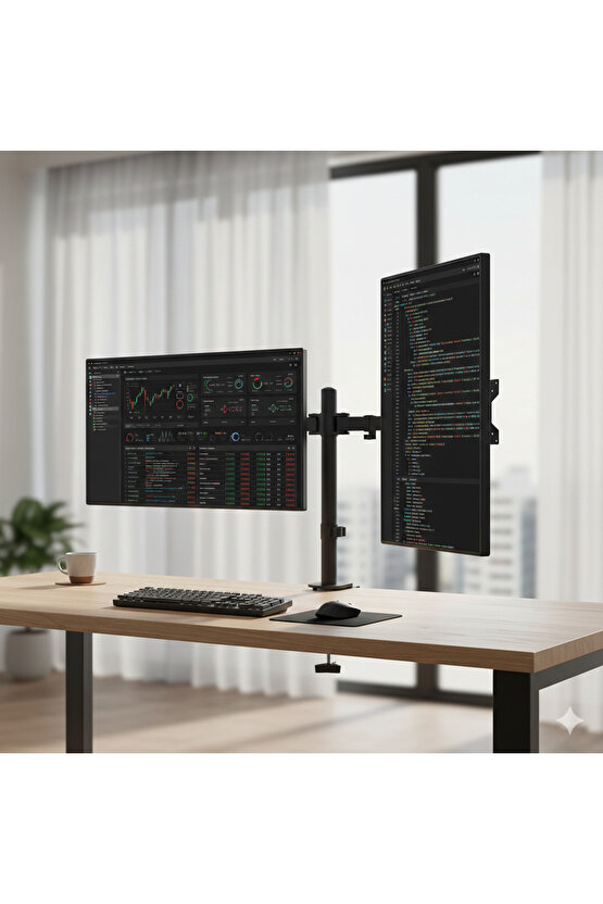 Çift-İki Kollu Monitör Tutucu Çelik Alışımlı Ergo- Yüksekliği Ayarlanabilir Monitör Standı 13-32