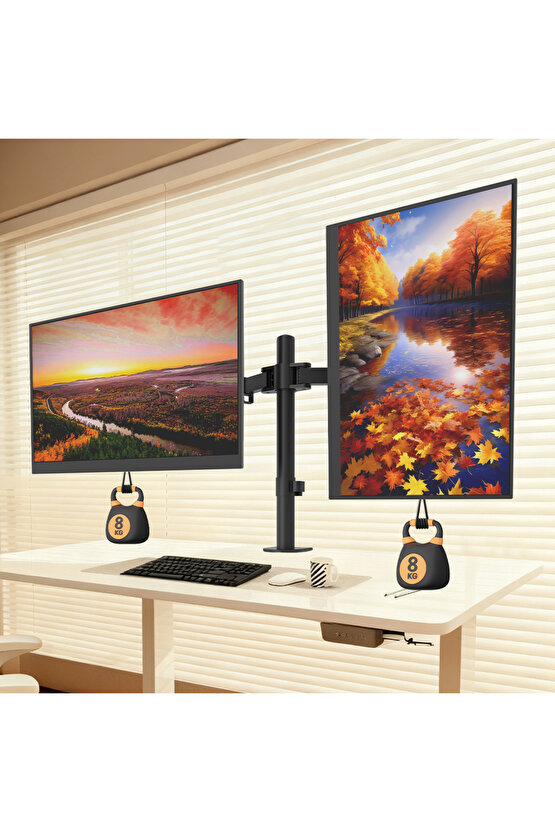 Çift-İki Kollu Monitör Tutucu Çelik Alışımlı Ergo- Yüksekliği Ayarlanabilir Monitör Standı 13-32