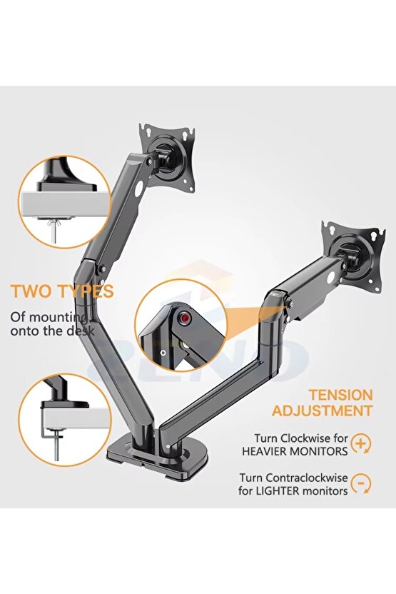Amortisörlü Çift Monitör Standı 17-32 Gazlı İkili Monitör Kolu | Tam Hareketli VESA Uyumlu Tutucu