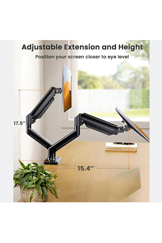 Amortisörlü Çift Monitör Standı 17-32 Gazlı İkili Monitör Kolu | Tam Hareketli VESA Uyumlu Tutucu