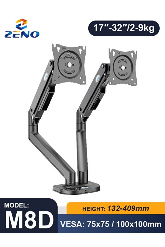 Amortisörlü Çift Monitör Standı 17-32 Gazlı İkili Monitör Kolu | Tam Hareketli VESA Uyumlu Tutucu