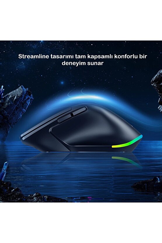 Kablosuz Mouse Bluetooth 5.04.0 + 2.4g Ergonomik Şarjlı Sessiz RGB Mouse Modern Tasarım Işıklı